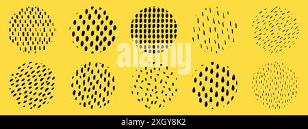 Line texture set with different hand drawn circle patterns. Small dash black lines pattern. Stock Vector