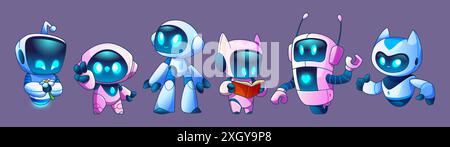 Cute cartoon ai chatbot robots with smiling faces. Vector set of funny bot mascot characters with different hand gestures, holding flower and book, standing and flying. Virtual digital agent. Stock Vector