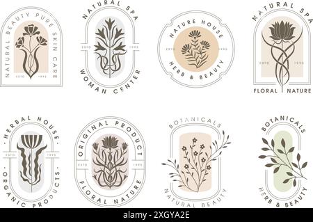 Botanical badges. Floral stylized pictures with decorative flowers and place for personal text recent vector template Stock Vector