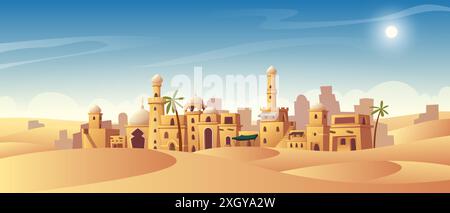 Islamic city. Urban landscape with traditional islamic buildings exact vector cartoon background with architectural objects columns arches and towers Stock Vector
