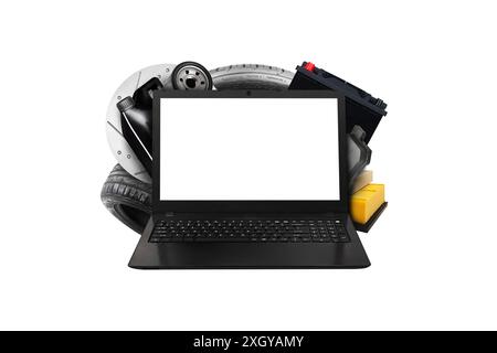 Car spare parts concept , laptop with blank white screen and car spare parts behind laptop on white background Stock Photo