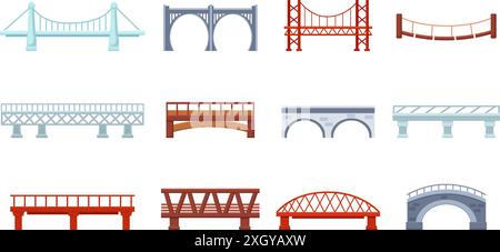 Cartoon bridges. Stone metal wooden bridge for urban and rural architecture. Railway tram span, urban industrial constructions nowaday vector set Stock Vector