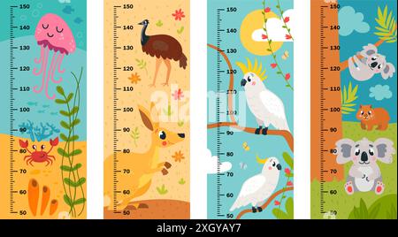 Kids growth rulers. Australian wildlife scenes, underwater world and birds. Kangaroo jellyfish koala and parrots. Cute exotic animals classy vector Stock Vector