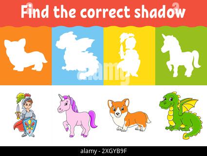 Find the correct shadow. Education worksheet. Matching game for kids. Fairytale theme. Color activity page. Puzzle for children. Cartoon character. Is Stock Vector