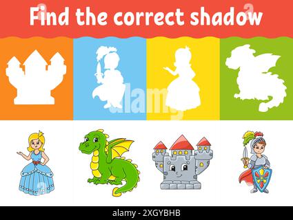 Find the correct shadow. Education worksheet. Matching game for kids. Fairytale theme. Color activity page. Puzzle for children. Cartoon character. Is Stock Vector