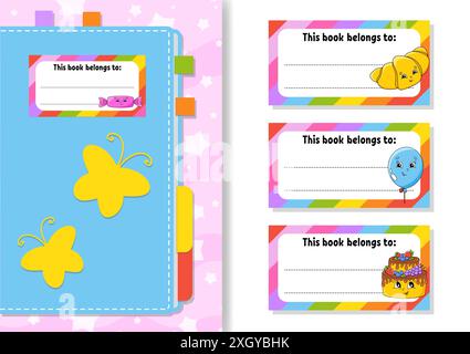 Book label stickers for kids. The rectangular shape. Isolated color vector illustration. Cartoon character. For the diary, notebook, book. Stock Vector