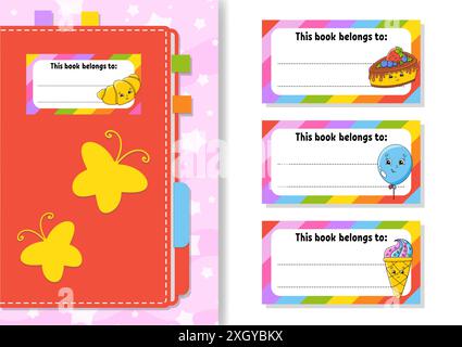 Book label stickers for kids. The rectangular shape. Isolated color vector illustration. Cartoon character. For the diary, notebook, book. Stock Vector