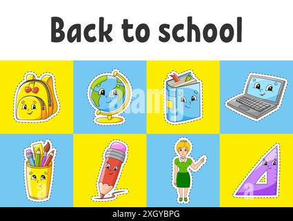 Sticker with contour. Cartoon character. Colorful vector illustration. Isolated on color background. Template for your design. Back to school theme. Stock Vector