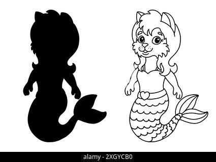 Cute little mermaid cat. Coloring book page for kids. Cartoon style. Vector illustration isolated on white background. Stock Vector