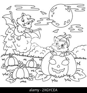 Bat and cat in a pumpkin. Halloween theme. Coloring book page for kids. Cartoon style. Vector illustration isolated on white background. Stock Vector