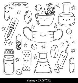 Medicine theme. Coloring book page for kids. Cartoon style character. Vector illustration isolated on white background. Stock Vector