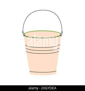 Flat enameled bucket with handle vector illustration. Metal aluminum bucketful for water carrying and household cleaning isolated Stock Vector