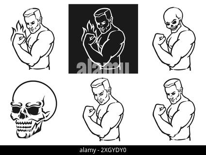 Male bodybuilder flexing his biceps. Outline silhouette. Design element. Vector illustration isolated on white background. Template for books, sticker Stock Vector