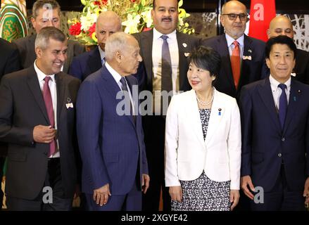 Tokyo, Japan. 11th July, 2024. (Front row L-R) Jordanian Energy and and Mineral Resources Minister Saleh Al-Kharabsheh, Arab League secretary general Ahmed Aboul Gheit, Japanese Foreign Minister Yoko Kamikawa and Japanese International Trade and Industry Minister Ken Saito smile at a photo session of the 5th Japan-Arab Economy Forum at the Iikura guesthouse in Tokyo on Thursday, July 11, 2024. (photo by Yoshio Tsunoda/AFLO) Stock Photo