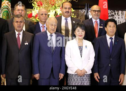 Tokyo, Japan. 11th July, 2024. (Front row L-R) Jordanian Energy and and Mineral Resources Minister Saleh Al-Kharabsheh, Arab League secretary general Ahmed Aboul Gheit, Japanese Foreign Minister Yoko Kamikawa and Japanese International Trade and Industry Minister Ken Saito attend a photo session of the 5th Japan-Arab Economy Forum at the Iikura guesthouse in Tokyo on Thursday, July 11, 2024. (photo by Yoshio Tsunoda/AFLO) Stock Photo
