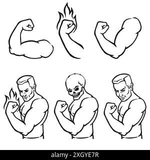 Male bodybuilder flexing his biceps. Outline silhouette. Design element. Vector illustration isolated on white background. Template for books, sticker Stock Vector