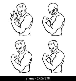 Male bodybuilder flexing his biceps. Outline silhouette. Design element. Vector illustration isolated on white background. Template for books, sticker Stock Vector