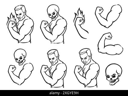 Male bodybuilder flexing his biceps. Outline silhouette. Design element. Vector illustration isolated on white background. Template for books, sticker Stock Vector