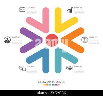 Infographics arrow shape with 6 number data template. Illustration abstract background. Stock Vector