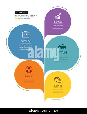 Infographics speech bubbles timeline with 5 number data template. Illustration abstract background. Stock Vector