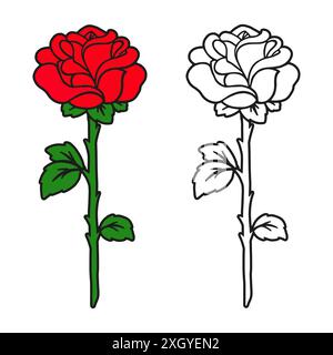 Rose flower. Coloring book page for kids and adults. Cartoon style. Vector illustration isolated on white background. Stock Vector