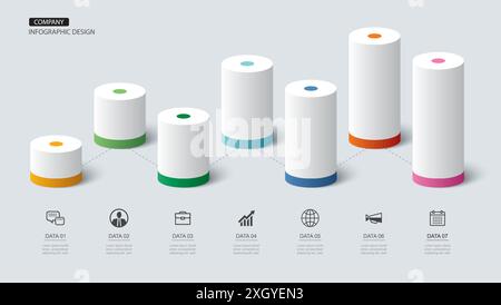 Infographics  cylinder timeline with 7 number data template. Illustration abstract background. Stock Vector