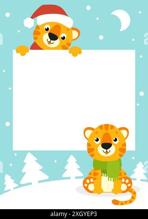 Gift color greeting card. Tiger simbol in a santa hat. Cute cartoon character. Happy New Year and Merry Christmas. Animal holding white blank poster. Stock Vector