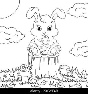 A cute rabbit holds a carrot in its paws. Coloring book page for kids ...