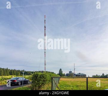 antenna structures and transmission systems of Hessischer Rundfunk on mountain Hoher Meißner Hessisch Lichtenau Nordhessen Hessen, Hesse Germany Stock Photo