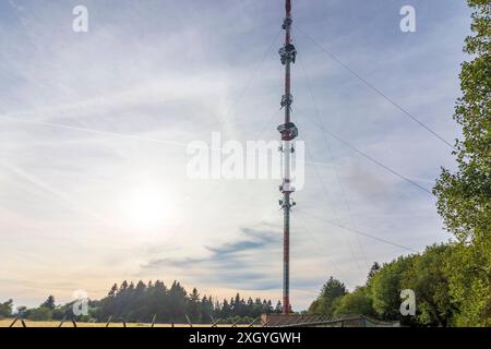 antenna structures and transmission systems of Hessischer Rundfunk on mountain Hoher Meißner Hessisch Lichtenau Nordhessen Hessen, Hesse Germany Stock Photo