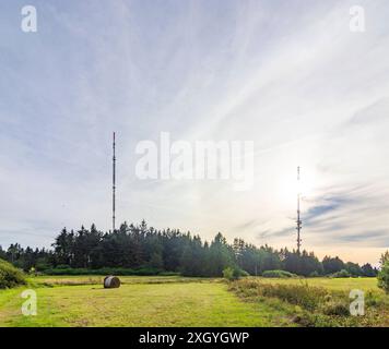 antenna structures and transmission systems of Hessischer Rundfunk on mountain Hoher Meißner Hessisch Lichtenau Nordhessen Hessen, Hesse Germany Stock Photo