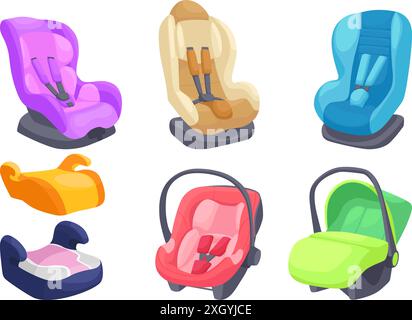 Baby car seats. Children safety backseat, kid carseat comfort trip newborn travelling convertible automobile chair toddler booster belt infant carrier ingenious vector illustration Stock Vector