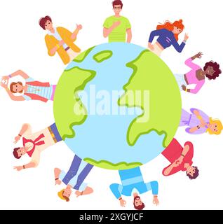People around the planet. Europe citizens multi cultural people holding hands world earth globe protection together, sustainable global ecology care eco concept vector illustration Stock Vector