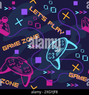 Gamepad pattern. Game joystick seamless wallpaper, retro gaming slogan typography fabric print, gamer guy video games trends, controller cartoon background neat vector illustration Stock Vector
