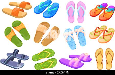 Cartoon colorful flip flops. Flipflop pair, sea shoe clothing summer sand beach slippers trendy sandal rubber footwear flip-flop traveling design flipflops neat vector illustration Stock Vector