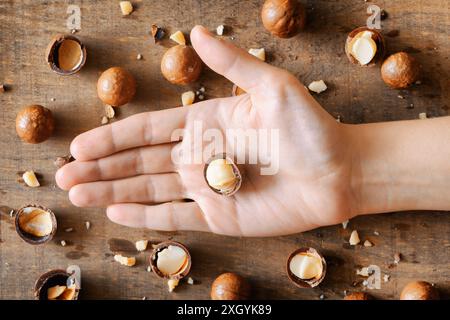 Top view of Macadamia nut in hand. Stock Photo