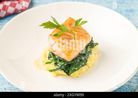 Grilled salmon fillet with vegetable mix on a white porcelain plate Stock Photo