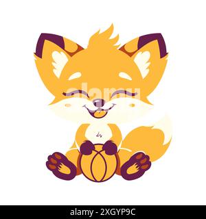 Cute Baby Fox Cartoon Character Illustration Holding Basket Ball with Happy Expression Stock Vector