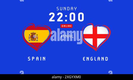 Spain vs England, final 2024, flag in heart shape emblems. Vector backdrop with Spanish and English flags for football championship Stock Vector