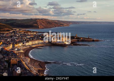 Panoramic Aerial View of Aberystwyth from Constitution Hill at Sunset Stock Photo