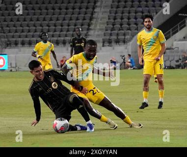 July 10, 2024: MLS - Major League Soccer - LAFC midfielder Cristian Olivera and New Mexico United defender Avionne Flanagan mix it up as LAFC beat New Mexico United by a score of 3 to 1 in the quarter finals of the US Open Cup 2024, BMO Stadium, Los Angeles, CA, USA, July 10, 2024.Credit Image cr Scott Mitchell/ZUMA Press (Credit Image: © Scott Mitchell/ZUMA Press Wire) EDITORIAL USAGE ONLY! Not for Commercial USAGE! Stock Photo