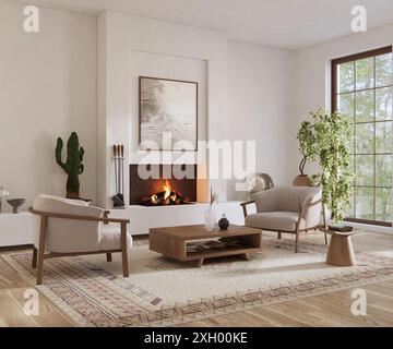 Modern interior of room with fireplace 3d render Stock Photo - Alamy