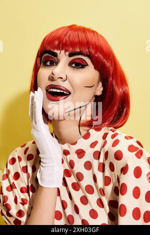 A stunning redhead woman with creative makeup, in a polka dot dress and white gloves, on a yellow background. Stock Photo