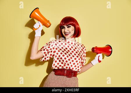 Creative redhead woman with pop art makeup in a polka dot shirt, holding a red and orange megaphone on a yellow backdrop. Stock Photo