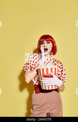 A quirky redhead woman in a polka dot blouse holds a box of popcorn against a vibrant yellow background. Stock Photo