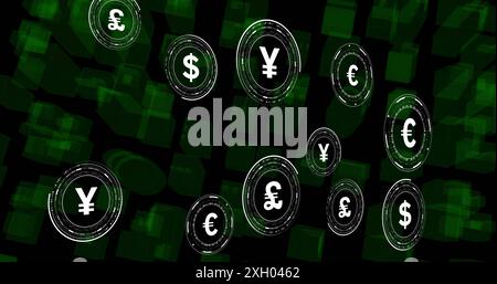 Image of currency symbols over digital city on black background. Finances, connections and digital interface concept digitally generated image. Stock Photo