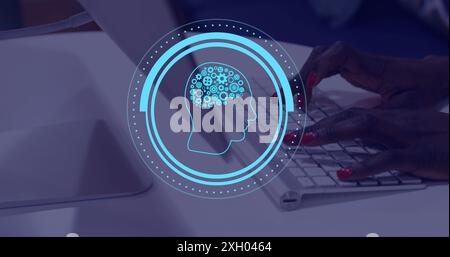 Image of ai brain over african american woman typing on computer. Global artificial intelligence, data processing, computing and digital interface con Stock Photo