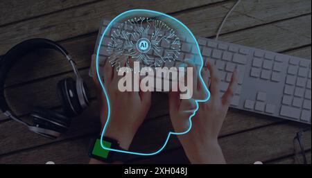 Image of ai brain and data processing over caucasian man typing on computer Stock Photo