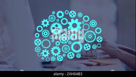 Image of ai brain with cogs over caucasian man typing on computer Stock Photo