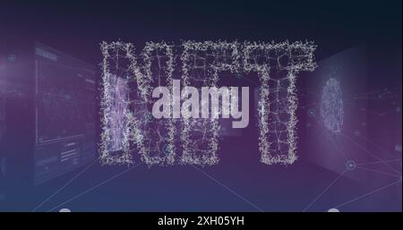 Image of nft over digital screens with data on violet background. Network, data processing and technology concept digitally generated image. Stock Photo